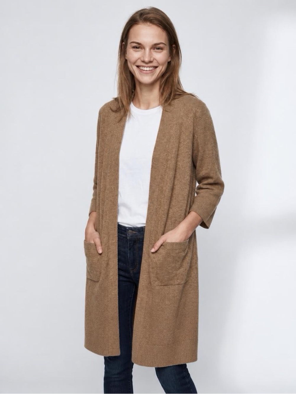 Michael Kors Open-Front Long Cardigan Sweater - Camel Brown
